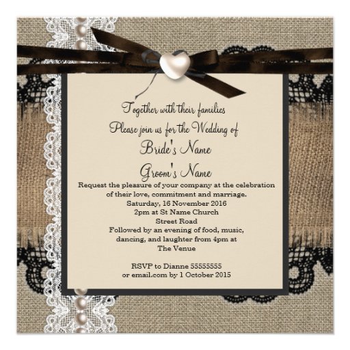 Rustic Wedding Burlap Hessian Lace Pearl Heart Announcement