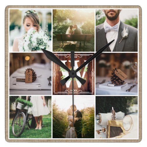 Rustic Wedding Instagram Photo Grid Wood Burlap Square Wall Clock Rustic Wedding Instagram Photo Grid Wood Burlap Square Wall Clock