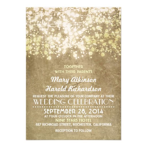 rustic wedding invitation with string lights (front side)