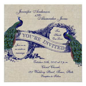 Rustic Wedding Linen Blue Peacocks Invitation