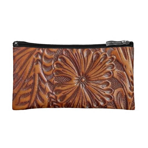 Rustic western country pattern tooled leather cosmetic bags Zazzle