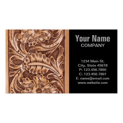 Rustic western country pattern tooled leather business card template (front side)