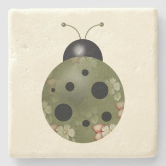 Rustic Whimsical Primitive Green Floral Ladybug Stone Beverage Coaster