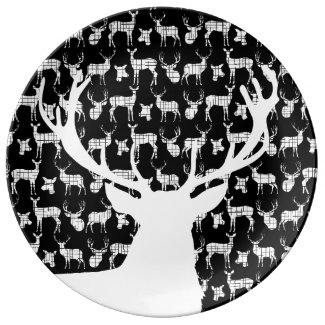 Rustic White Deer Buck Black Porcelain Plate