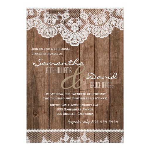 Rustic White Lace and Wood Rehearsal Dinner Invite