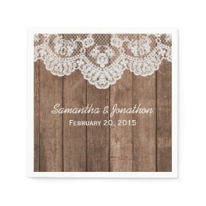 Rustic White Lace and Wood Wedding Standard Cocktail Napkin