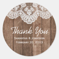 Rustic White Lace and Wood Wedding Thank You Round Stickers