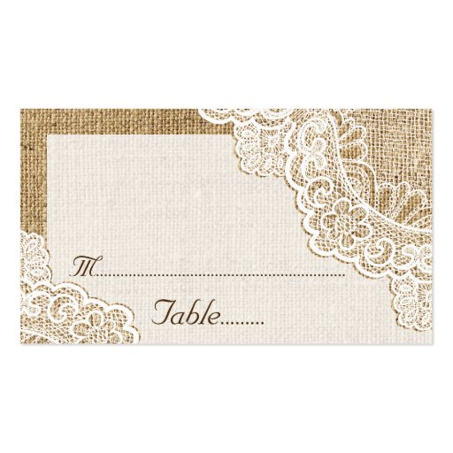 Rustic white lace on burlap wedding place card business card templates (back side)