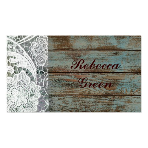 rustic white lace on teal barn board design business cards (front side)