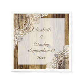 Rustic white lace on wood rustic wedding standard cocktail napkin