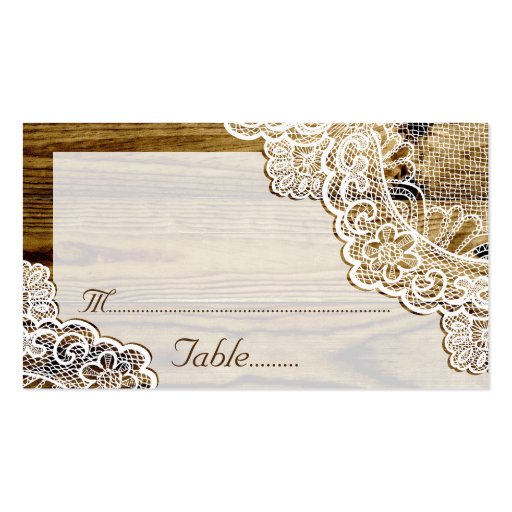 Rustic white lace on wood wedding place card business card (back side)