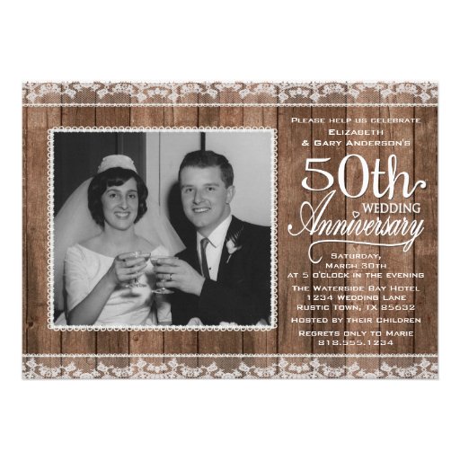 Rustic White Lace & Wood 50th Wedding Anniversary Invitations