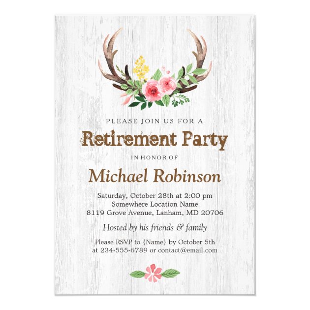 Rustic White Wood Deer Antler Retirement Party Card (front side)