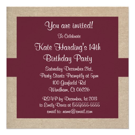 Rustic Wine and Beige Burlap Birthday Party Announcement