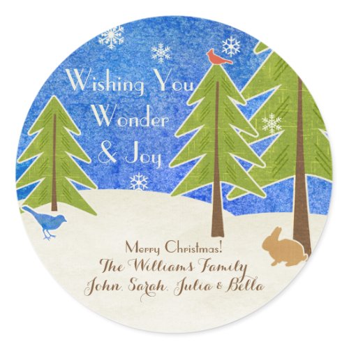 Rustic Winter Wonderland & Joy Merry Christmas Classic Round Sticker