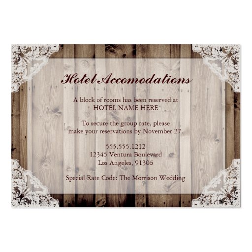 Rustic Wood and Lace Hotel Accommodations Business Cards (front side)