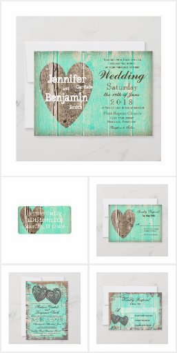 Rustic Wood Aqua Heart Wedding Invitation Set