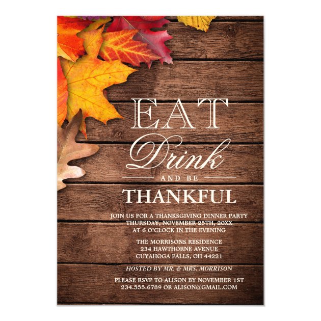 Rustic Wood Autumn Maple Thanksgiving Dinner Party Card (front side)