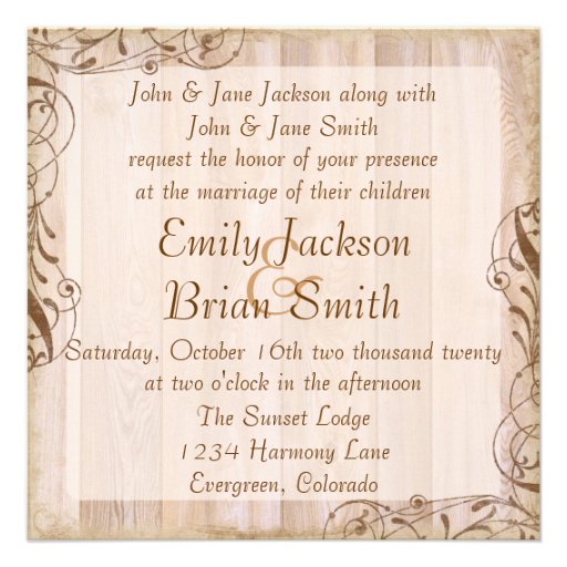 Rustic wood brown theme wedding invitations