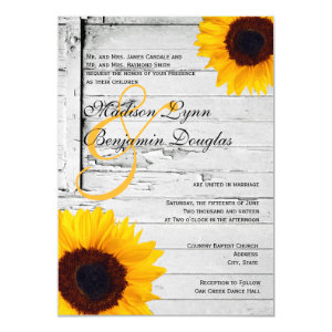 Rustic Wood Country Sunflower Wedding Invitations 4.5