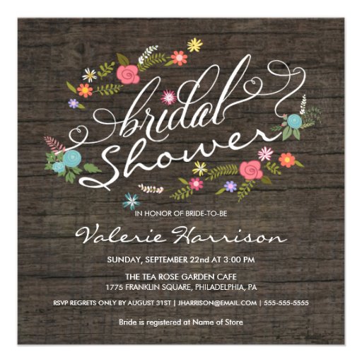 Rustic Wood Floral Wreath Bridal Shower Invites