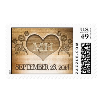 rustic wood heart carving wedding postage stamps