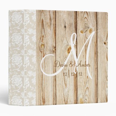 Rustic Wood & Lace monogrammed wedding planner 3 Ring Binder