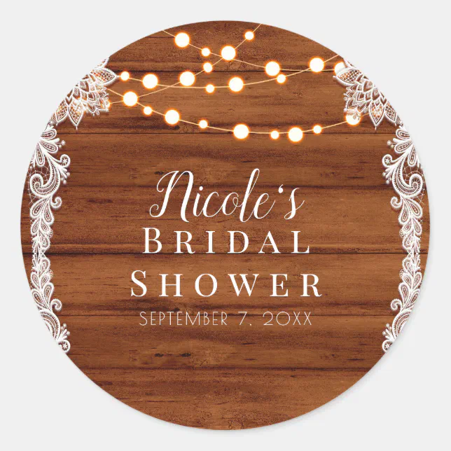 Rustic Wood Lace String Lights Wedding Bridal Classic Round Sticker