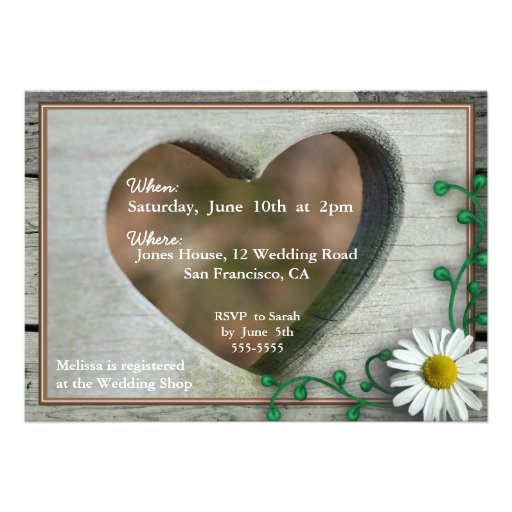 Rustic Wood-look heart & daisy Bridal shower Personalized Invite