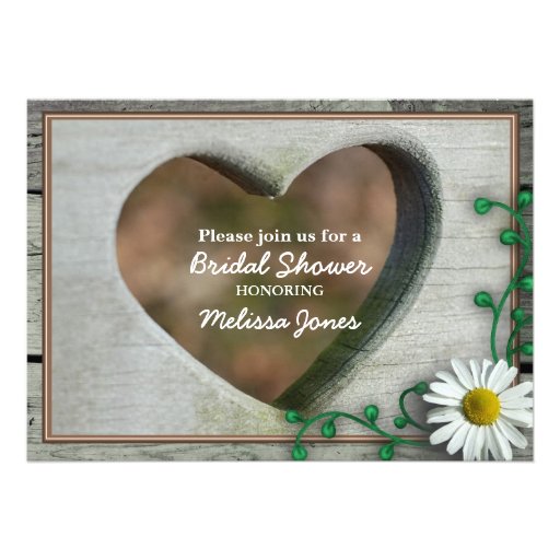 Rustic Wood-look heart & daisy Bridal shower Personalized Invite