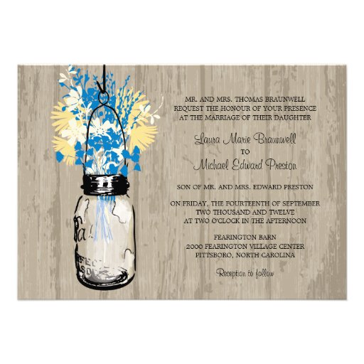 Rustic Wood Mason Jar and Wildflowers Wedding Invite
