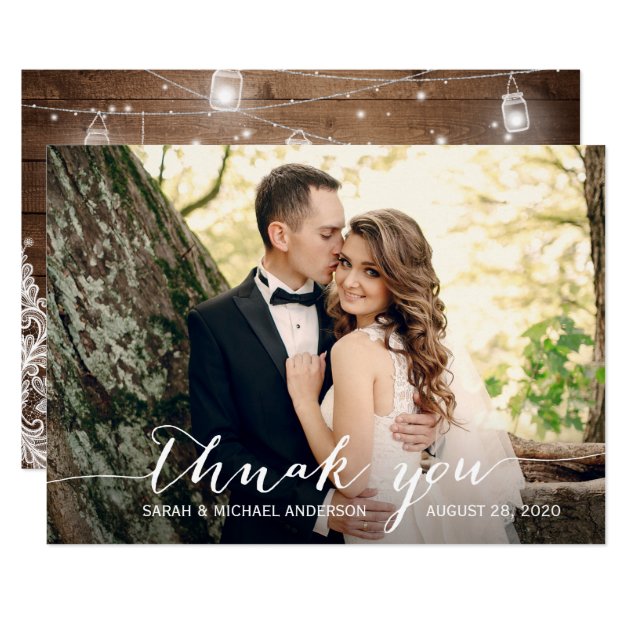 Rustic Wood Mason Jar Lace Wedding Photo Thank You Card (front side)