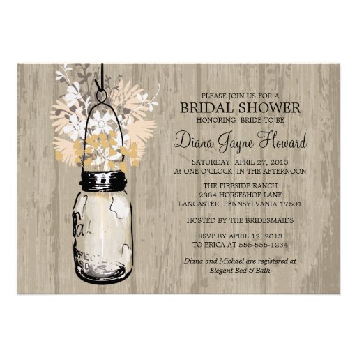 Rustic Wood Mason Jar  Wildflowers Bridal Shower Personalized Invitations
