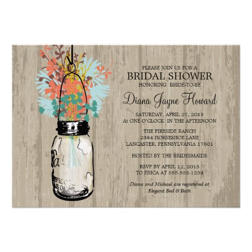 Rustic Wood Mason Jar  Wildflowers Bridal Shower Invitations