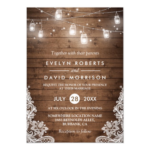 Rustic Wood Mason Jars String Lights Lace Wedding Card (front side)