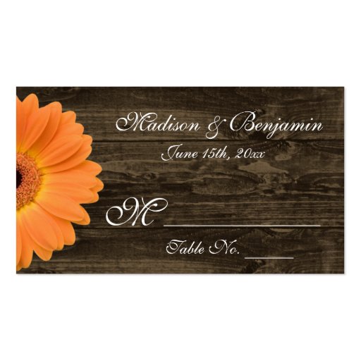 Rustic Wood Orange Gerber Daisy Wedding Place Card Business Cards (front side)