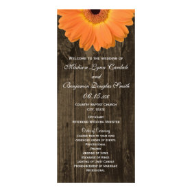 Rustic Wood Orange Gerber Daisy Wedding Programs Full Color Rack Card