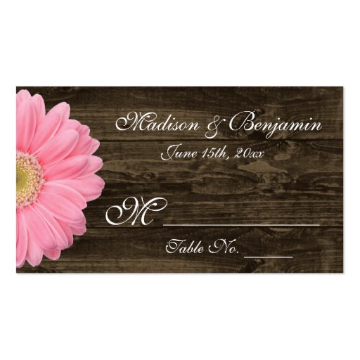 Rustic Wood Pink Gerber Daisy Wedding Place Cards Business Card Template (front side)