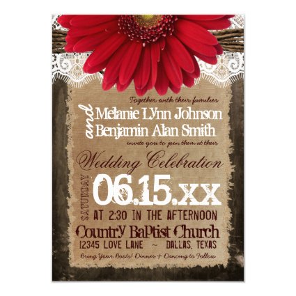 Rustic Wood Red Daisy Country Wedding Invitations 4.5" X 6.25" Invitation Card