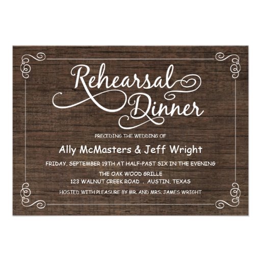 Rustic Wood Rehearsal Dinner Invitations (front side)