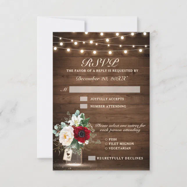 Rustic Wood String Lights Burgundy Floral Wedding RSVP Card Zazzle