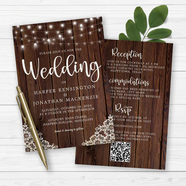 Rustic Wood String Lights Lace All In One Wedding Invitation Zazzle