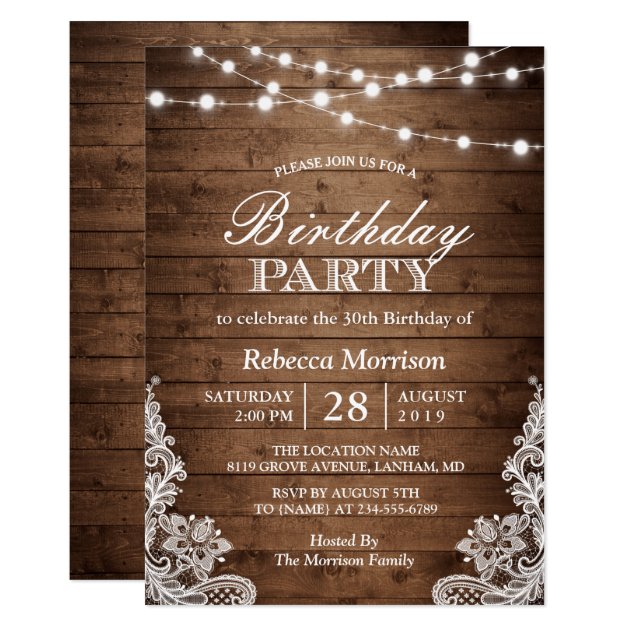 Rustic Wood String Lights Lace Birthday Party Card (front side)