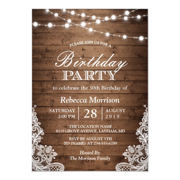 Rustic Wood String Lights Lace Birthday Party Card