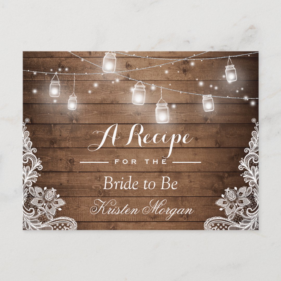 Rustic Wood String Lights Lace Bridal Recipe Card Zazzle