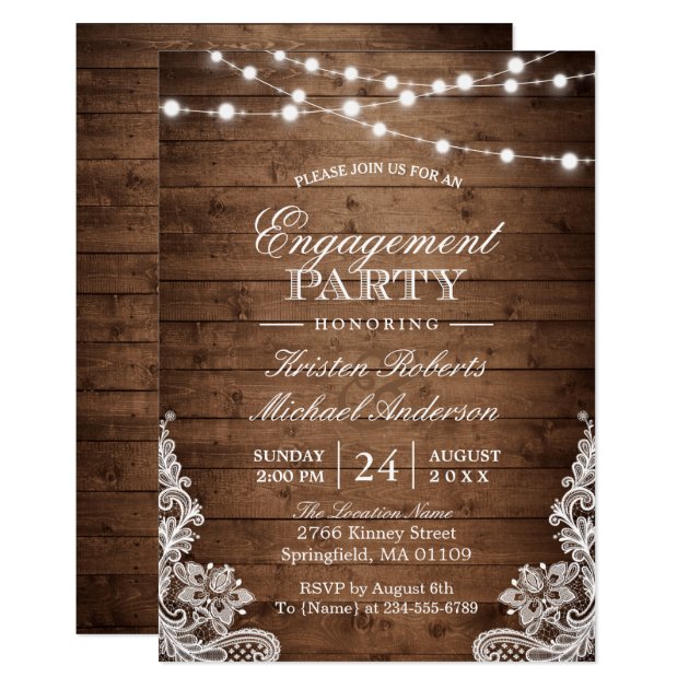 Rustic Wood String Lights Lace Engagement Party Card (front side)