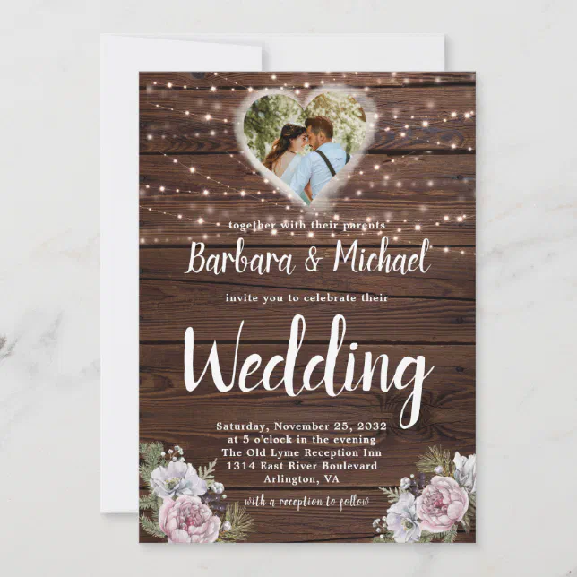 Rustic Wood String Lights Photo Floral Wedding Invitation Zazzle