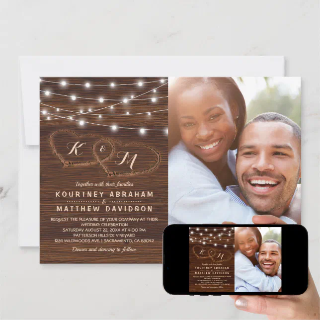 Rustic Wood String Lights Wedding Photo Invitation Zazzle