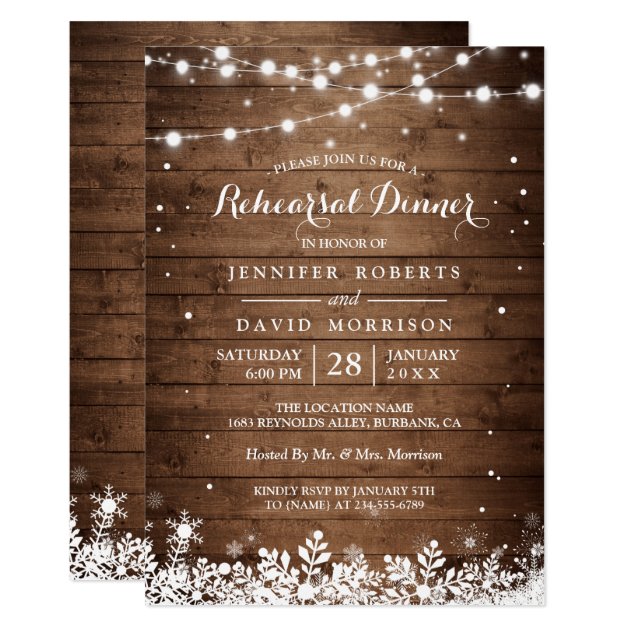 Rustic Wood String Lights Winter Rehearsal Dinner Card (front side)
