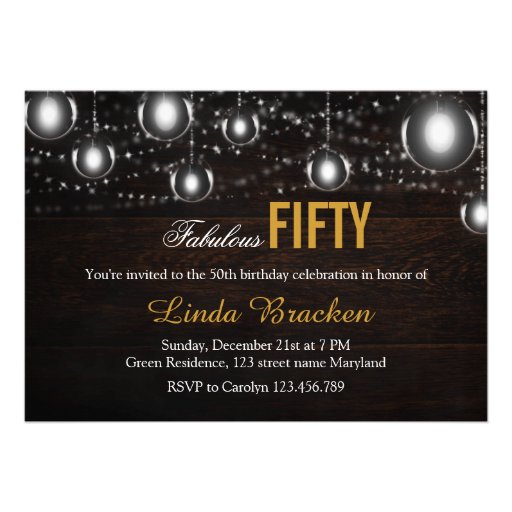 Rustic Wood String of Lights Fabulous Fifty Invite